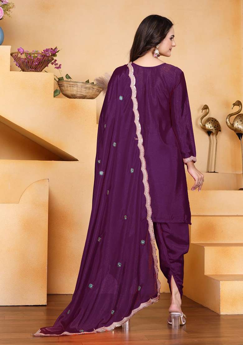 Wine Embroidered Chinon Punjabi Suit - Indya