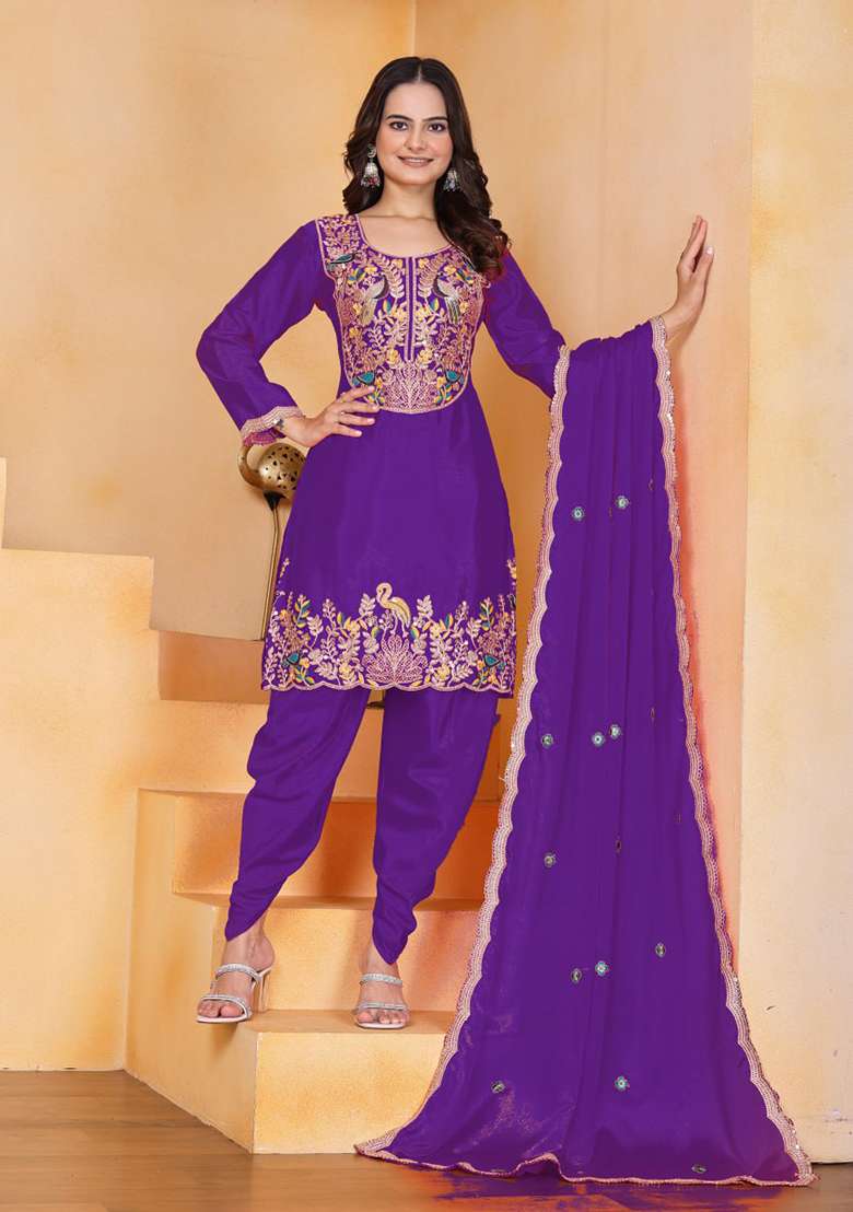 Purple Embroidered Chinon Punjabi Suit - Indya
