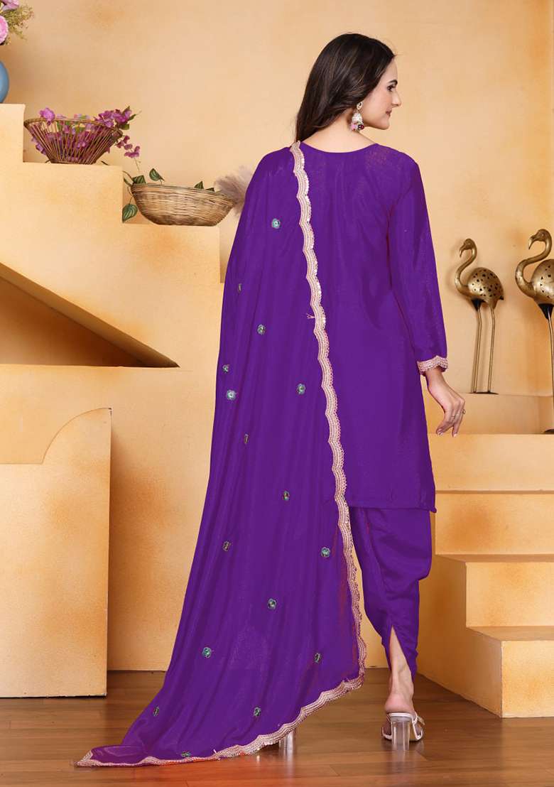 Purple Embroidered Chinon Punjabi Suit - Indya