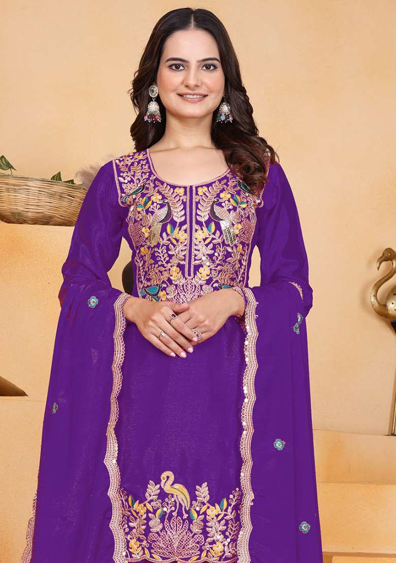 Purple Embroidered Chinon Punjabi Suit - Indya
