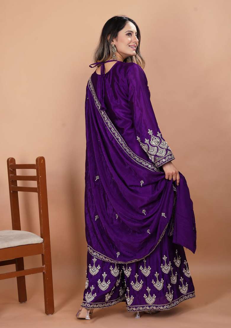Purple Embroidered Chinon Sharara Set - Indya