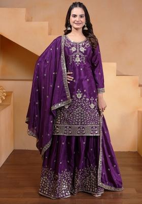 Wine Embroidered Chinon Sharara Set