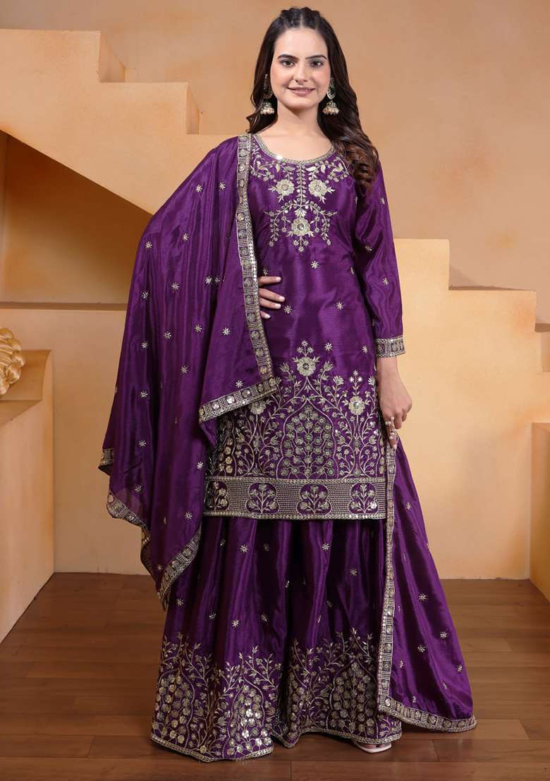 Wine Embroidered Chinon Sharara Set - Indya