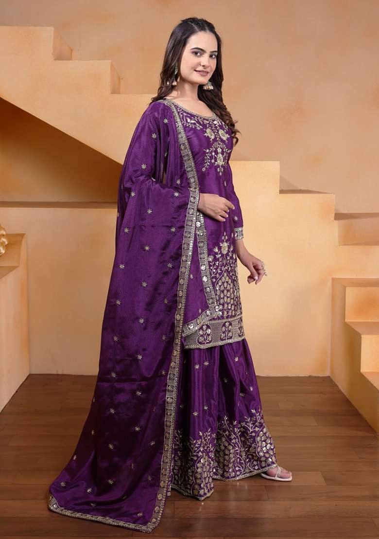 Wine Embroidered Chinon Sharara Set - Indya
