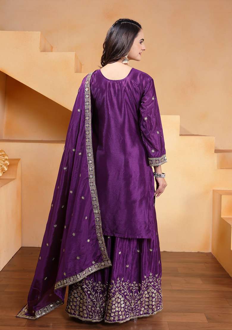 Wine Embroidered Chinon Sharara Set - Indya