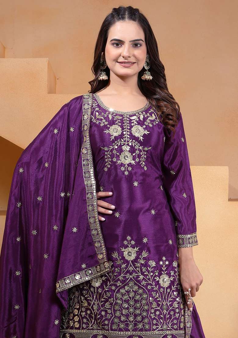 Wine Embroidered Chinon Sharara Set - Indya