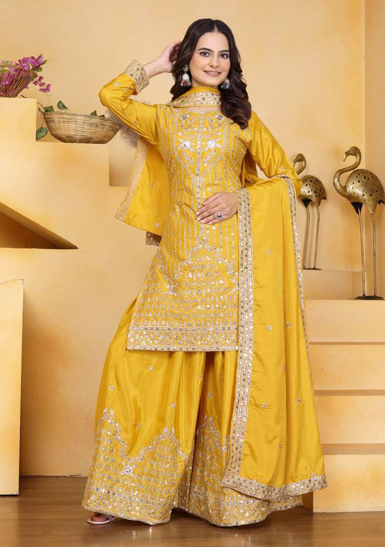 Yellow Embroidered Crepe Sharara Set - Indya