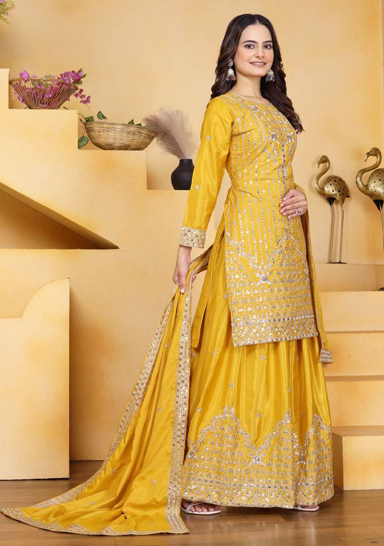 Yellow Embroidered Crepe Sharara Set - Indya