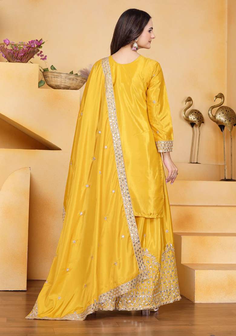 Yellow Embroidered Crepe Sharara Set - Indya
