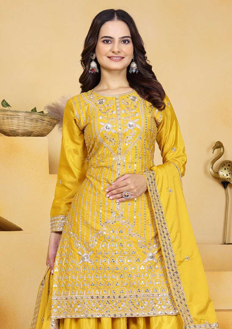 Yellow Embroidered Crepe Sharara Set - Indya