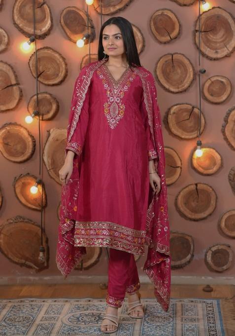 Maroon Embroidery Chinon Salwar Kameez