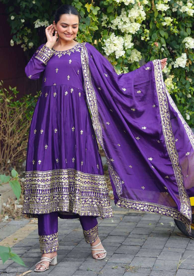 Purple Embroidered Chinon Anarkali Set - Indya