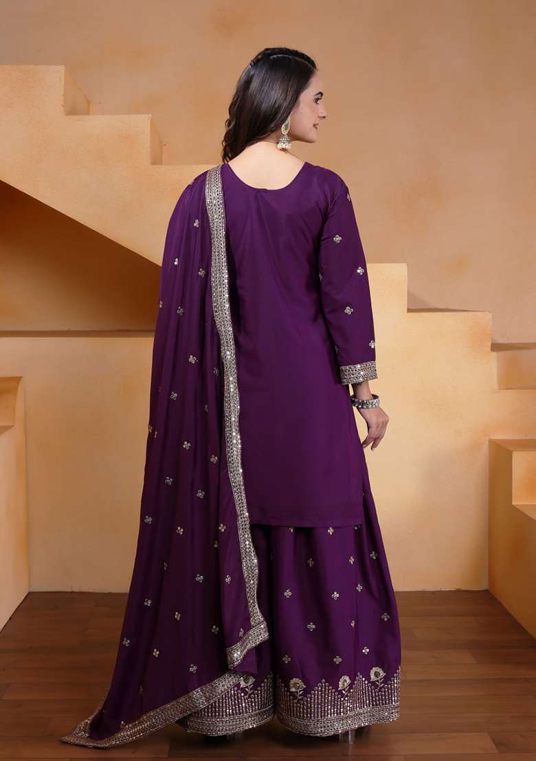 Wine Embroidered Crepe Sharara Set - Indya