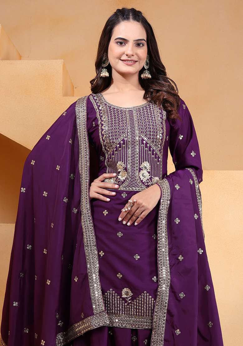 Wine Embroidered Crepe Sharara Set - Indya