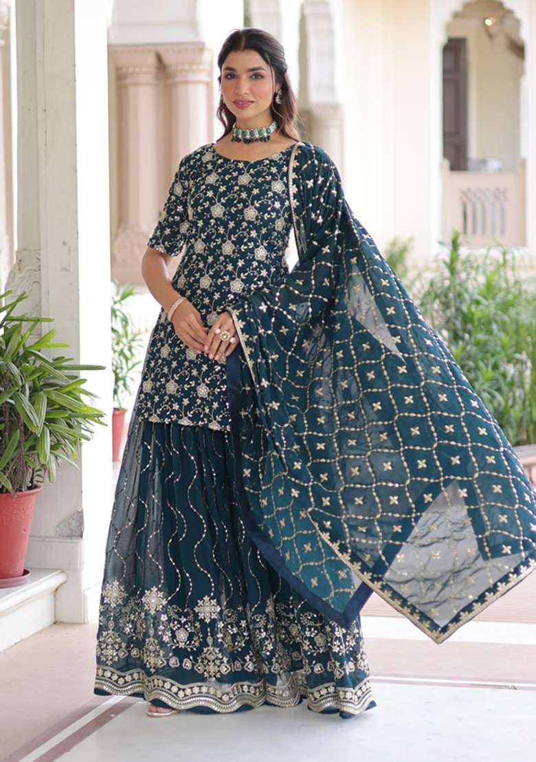 Blue Embroidery Georgette Salwar Kameez - Indya