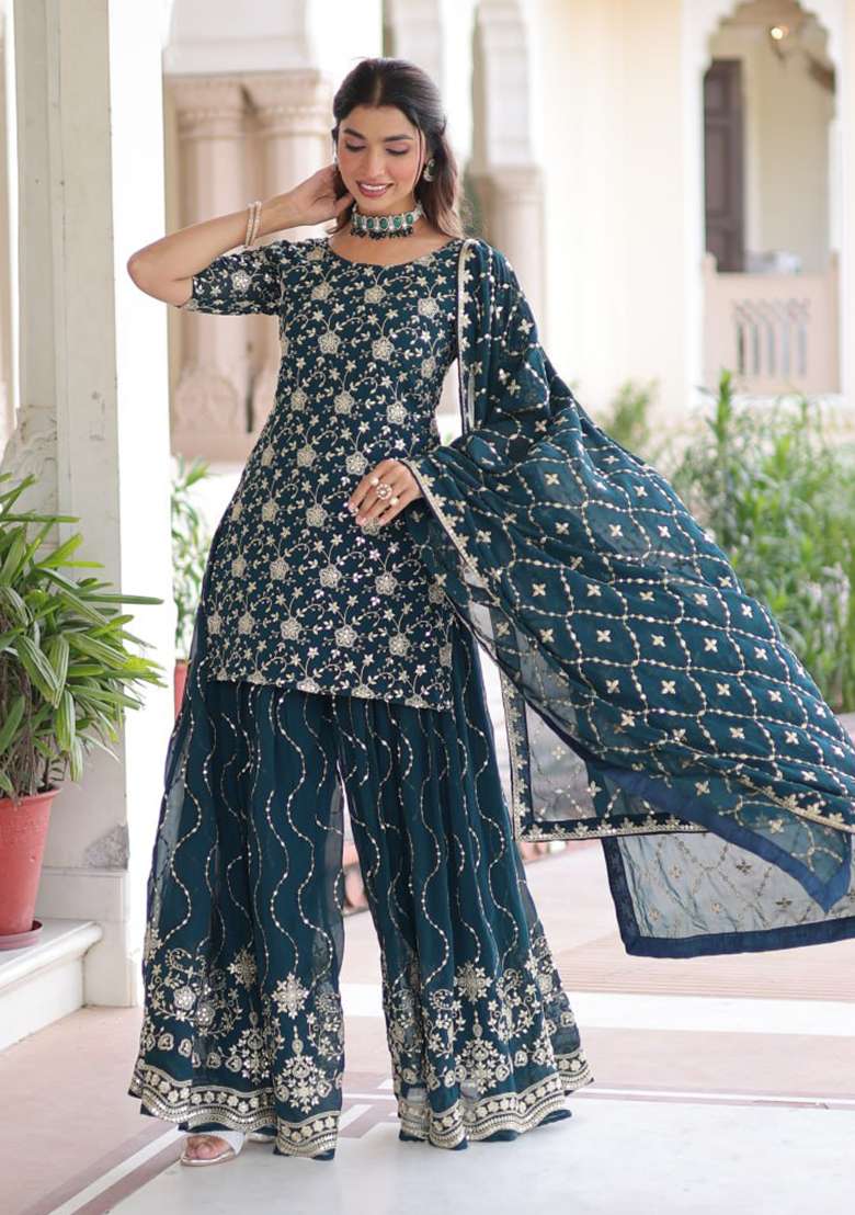 Blue Embroidery Georgette Salwar Kameez - Indya