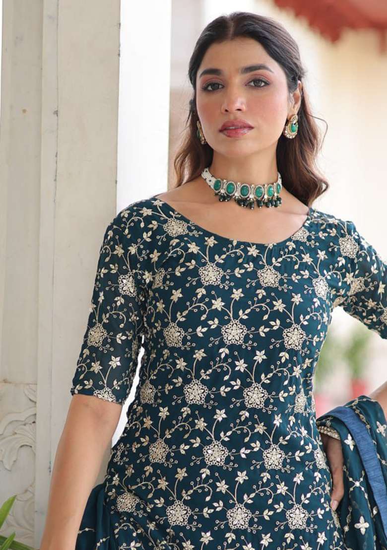 Blue Embroidery Georgette Salwar Kameez - Indya