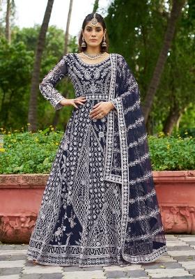 Blue Embroidered Net Anarkali With Dupatta