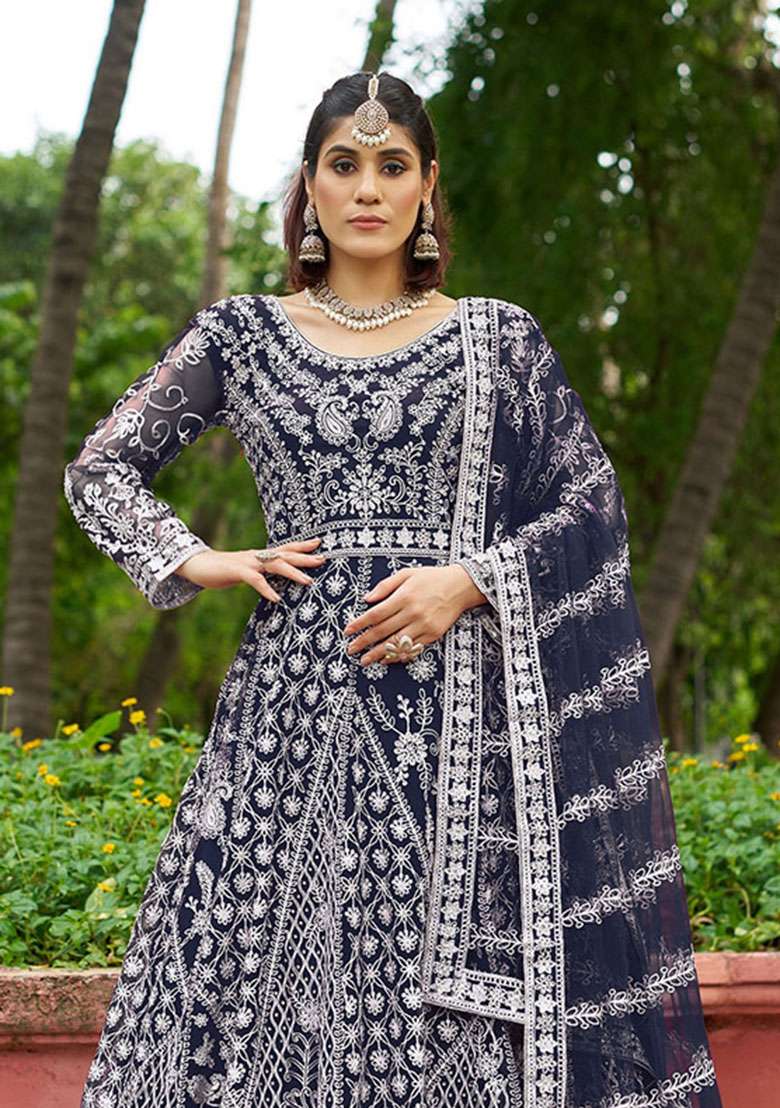 Blue Embroidered Net Anarkali With Dupatta - Indya