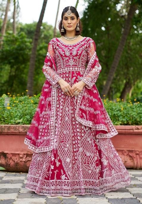 Rani Pink Motif Net Anarkali Set