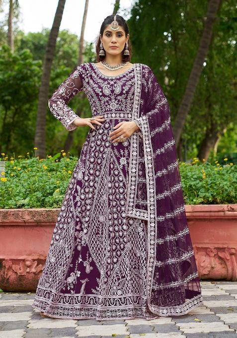 Purple Motif Net Anarkali Set