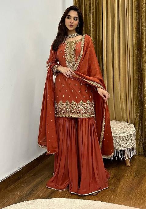 Rust Embroidered Silk Kurta Set