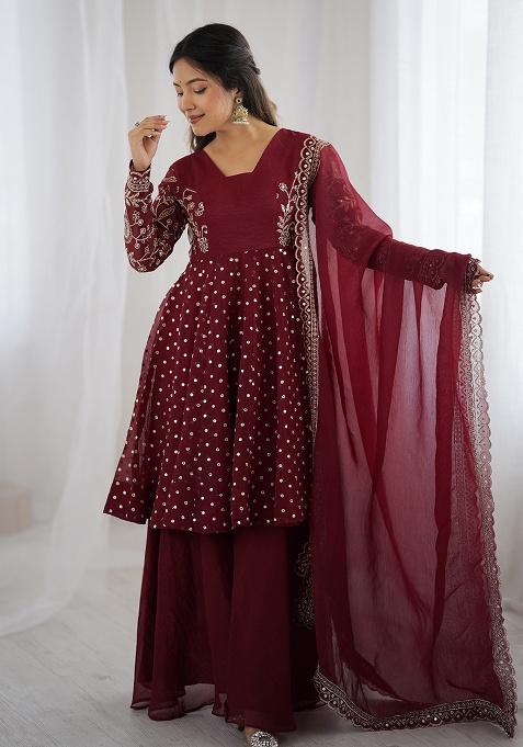 Maroon Embroidered Silk Kurta Set