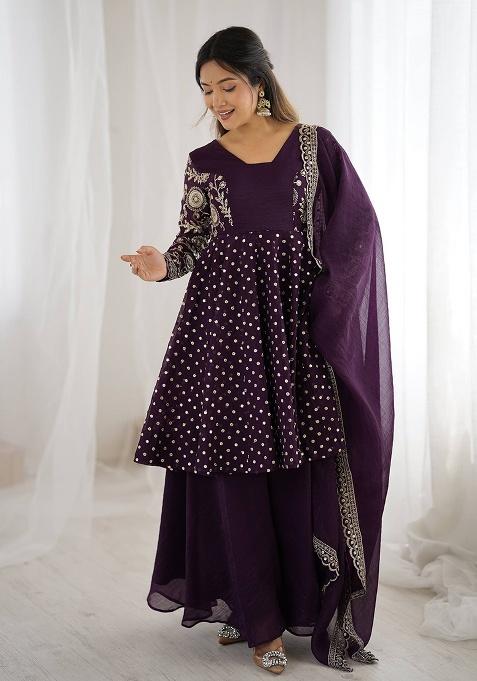 Wine Embroidered Silk Kurta Set