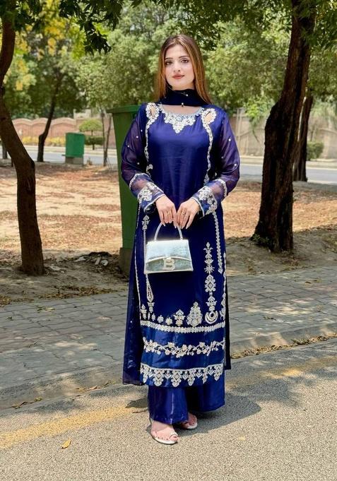 Blue Embroidered Georgette Kurta Set