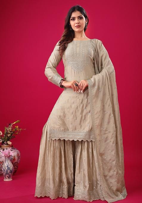 Cream Embroidered Silk Kurta Set