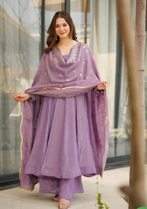 Lavender Solid Silk Kurta Set
