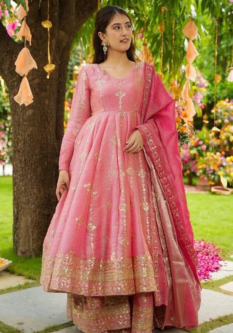 Pink Embroidered Silk Kurta Set