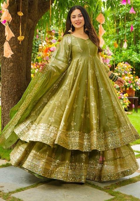 Olive Embroidered Silk Kurta Set