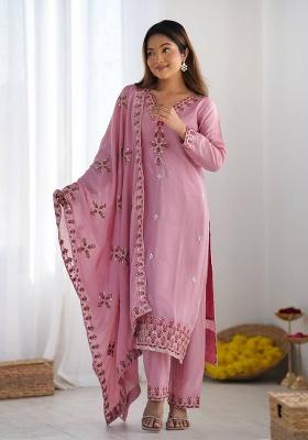 Lavender Embroidered Silk Kurta Set