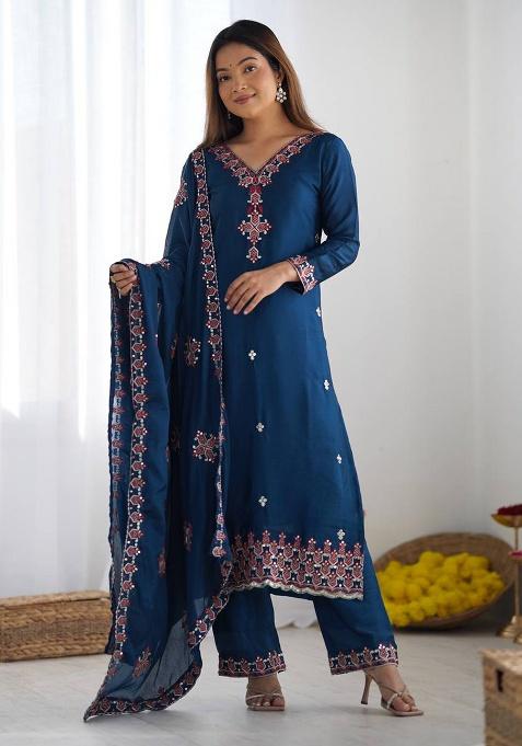 Teal Blue Embroidered Silk Kurta Set