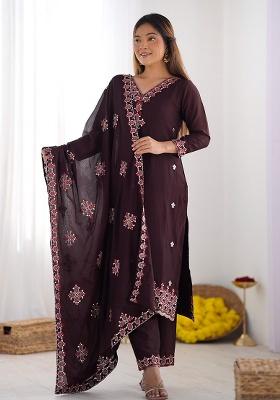 Wine Embroidered Silk Kurta Set