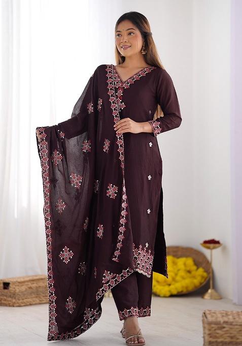 Wine Embroidered Silk Kurta Set