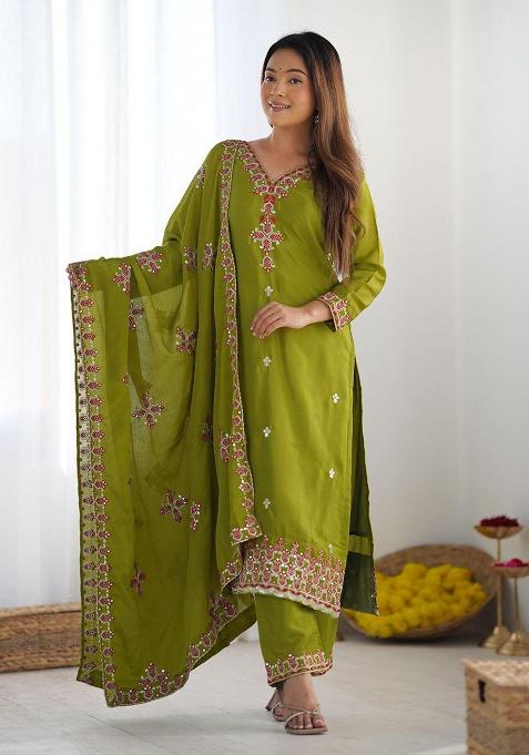 Lemon Embroidered Silk Kurta Set