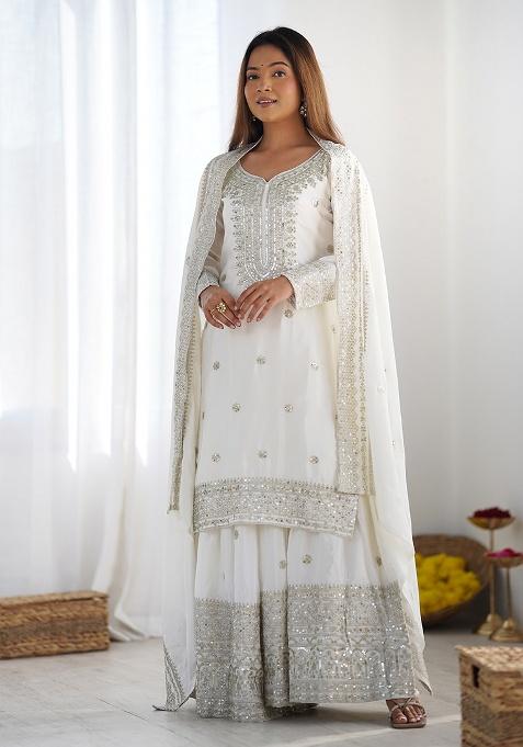 White Embroidered Silk Kurta Set