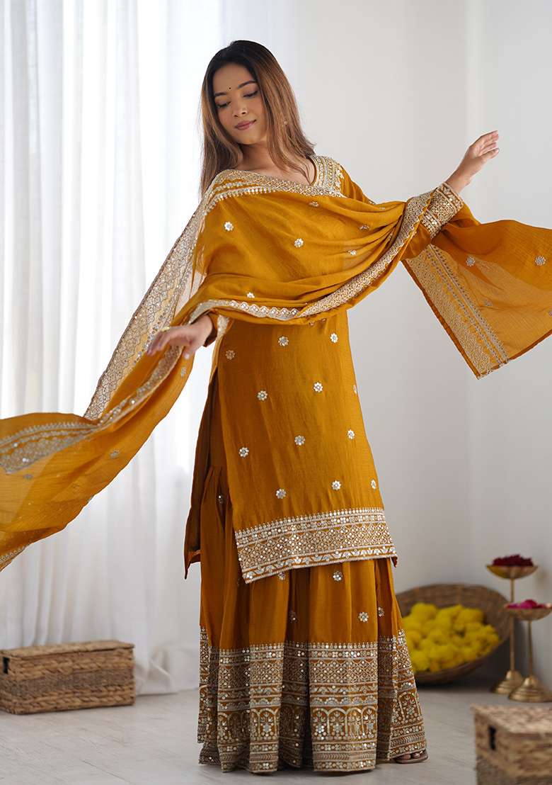 Yellow Embroidered Silk Sharara Set - Indya