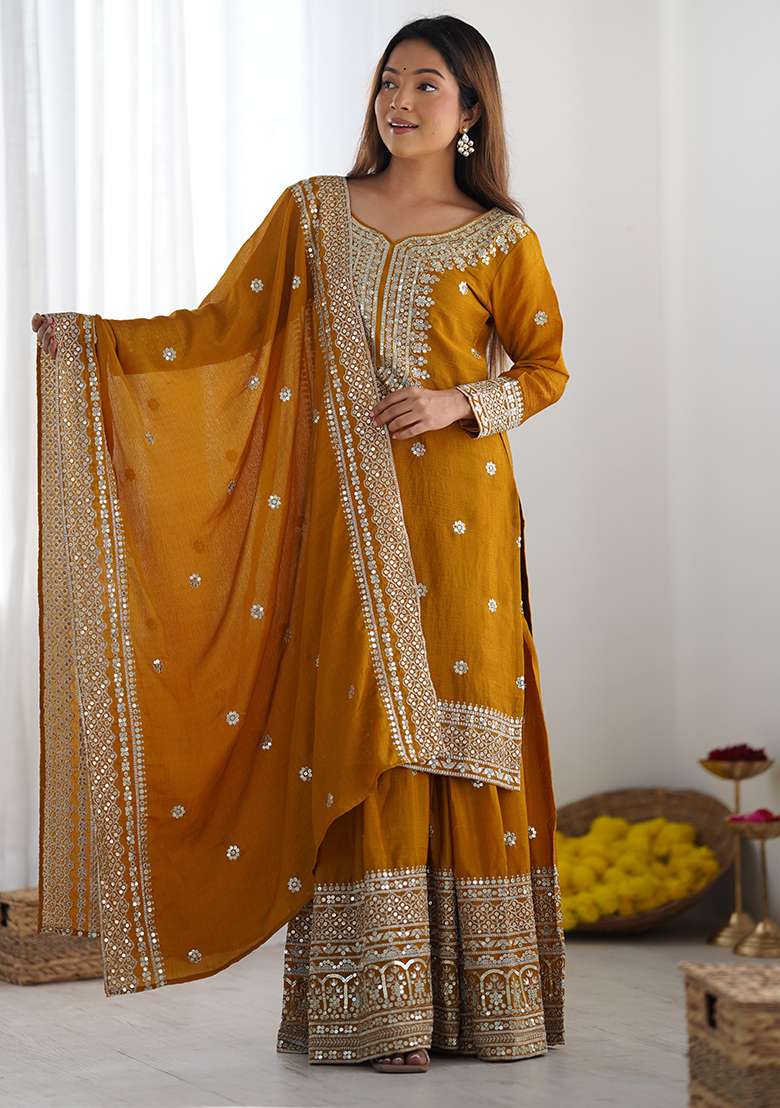 Yellow Embroidered Silk Sharara Set - Indya