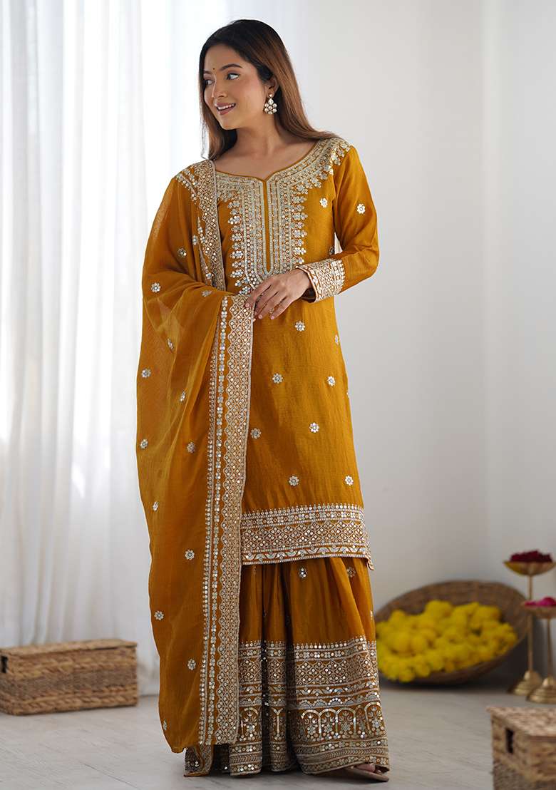 Yellow Embroidered Silk Sharara Set - Indya