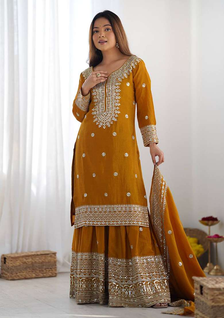 Yellow Embroidered Silk Sharara Set - Indya