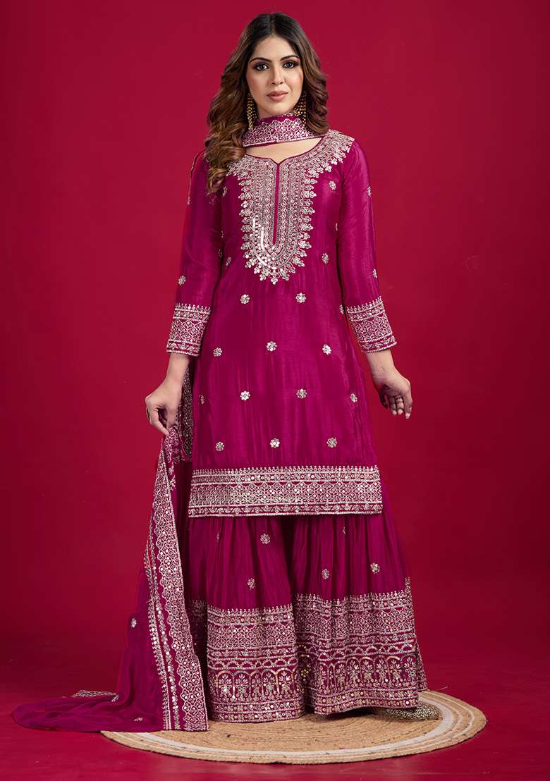 Rani Pink Embroidered Silk Sharara Set - Indya