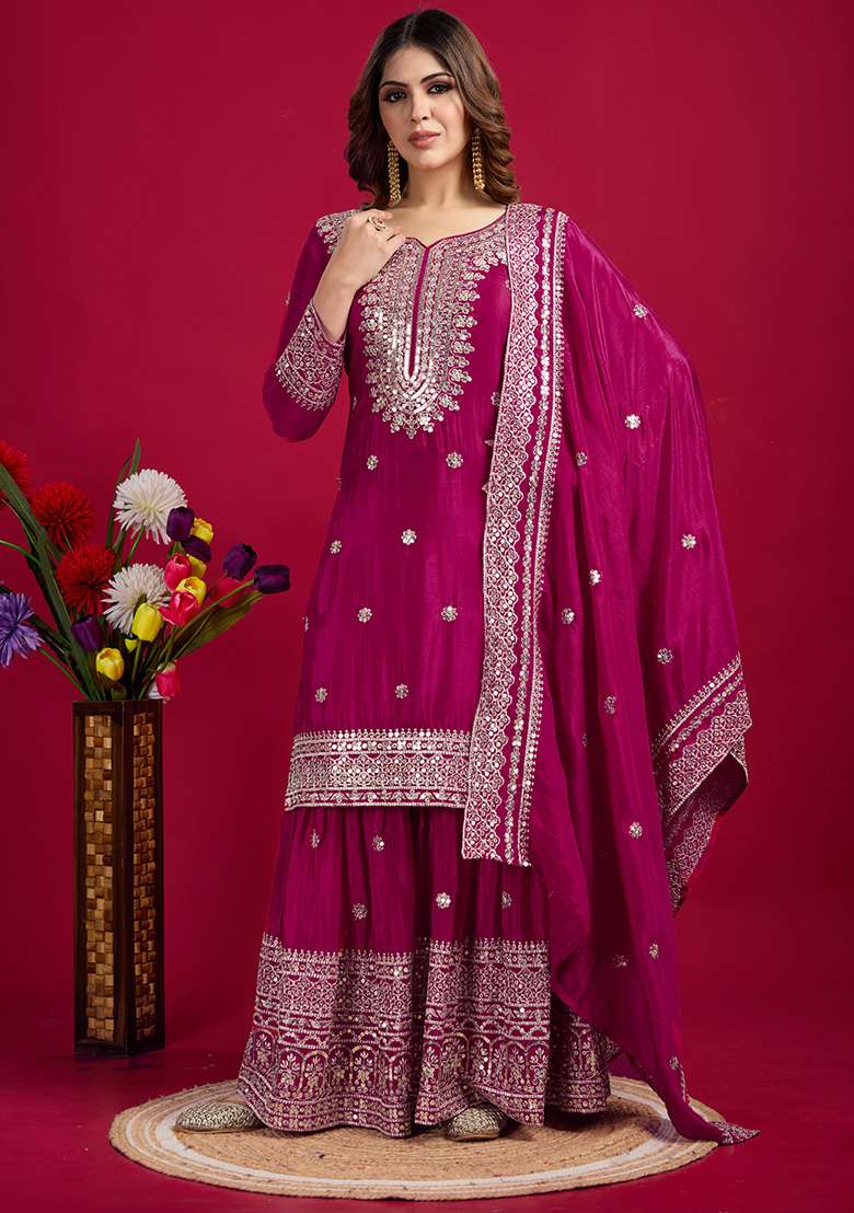 Rani Pink Embroidered Silk Sharara Set - Indya