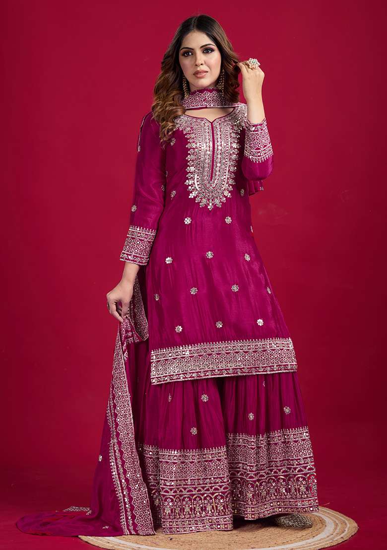 Rani Pink Embroidered Silk Sharara Set - Indya