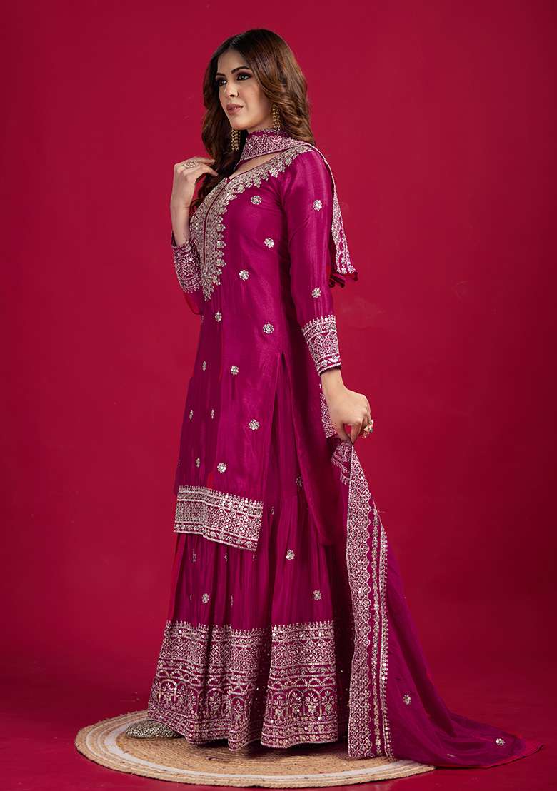 Rani Pink Embroidered Silk Sharara Set - Indya