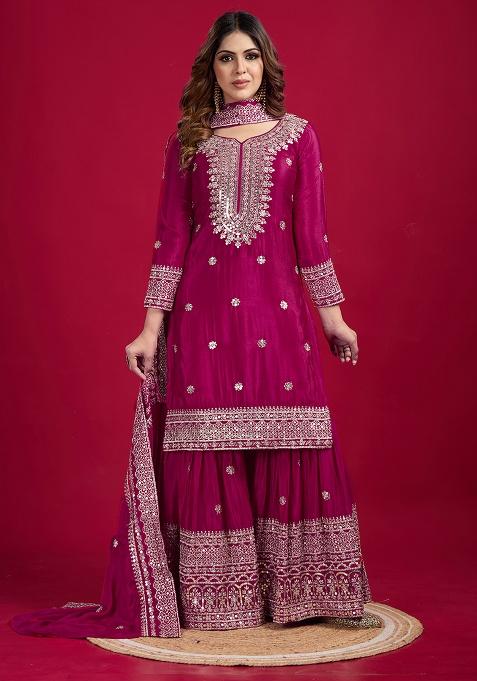 Rani Pink Embroidered Silk Kurta Set