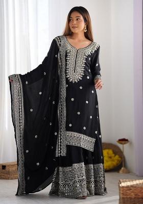 Black Embroidered Silk Kurta Set