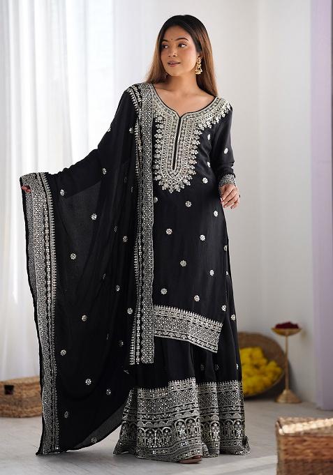 Black Embroidered Silk Kurta Set